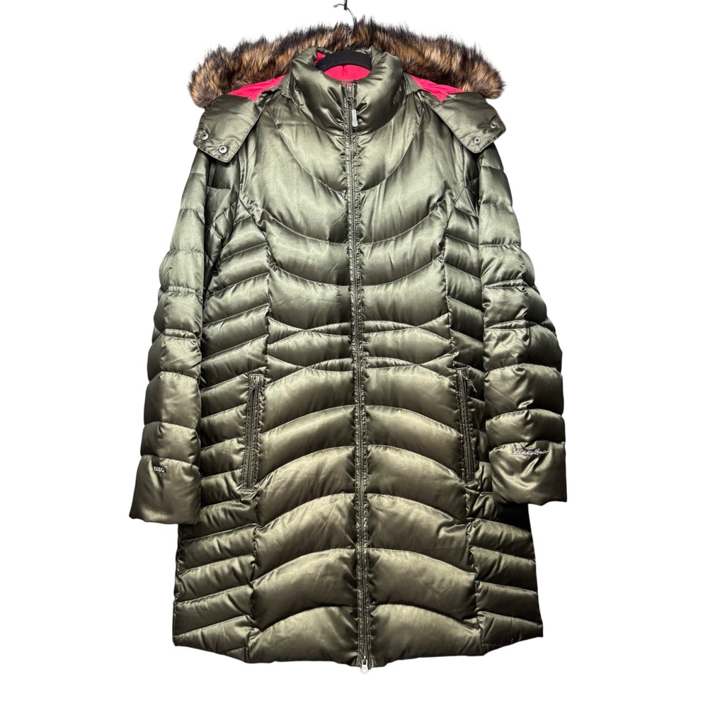 Eddie Bauer Sun Valley Down Parka Stadium Coat Mid/Long Lngth 650 Faux Fur Green